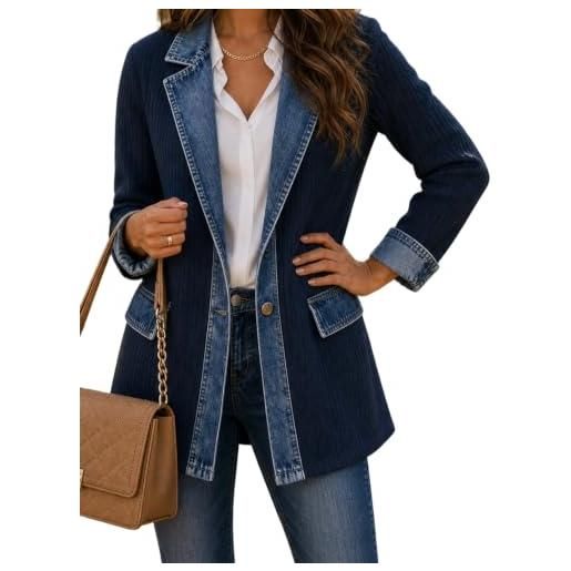 Generic cardigan donna denim patchwork giacca lunga jeans chic giubbotto | mezza stagione con bottoni e collo a revers cappotto leggero autunno inverno stile vintage casual moda comodo