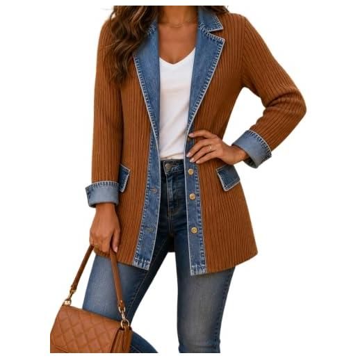Generic cardigan donna denim patchwork giacca lunga jeans chic giubbotto | mezza stagione con bottoni e collo a revers cappotto leggero autunno inverno stile vintage casual moda comodo