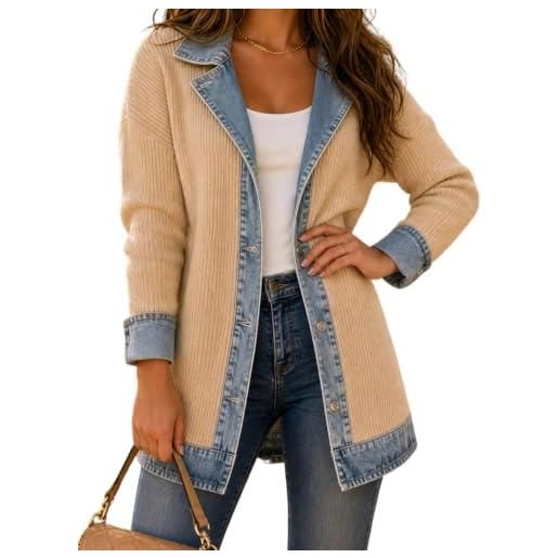 Generic cardigan donna denim patchwork giacca lunga jeans chic giubbotto | mezza stagione con bottoni e collo a revers cappotto leggero autunno inverno stile vintage casual moda comodo