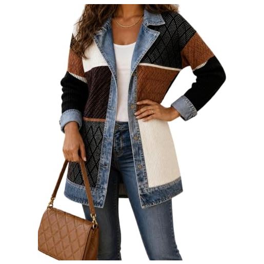 Generic cardigan donna denim patchwork giacca lunga jeans chic giubbotto | mezza stagione con bottoni e collo a revers cappotto leggero autunno inverno stile vintage casual moda comodo