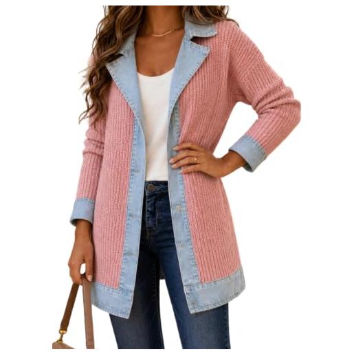 Generic cardigan donna denim patchwork giacca lunga jeans chic giubbotto | mezza stagione con bottoni e collo a revers cappotto leggero autunno inverno stile vintage casual moda comodo