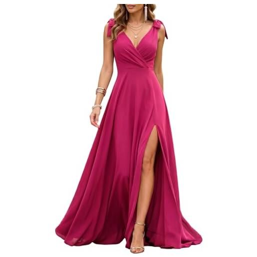 Generic maxi abito da donna in chiffon con scollo a v e spalline con fiocco e spacco alto formale
