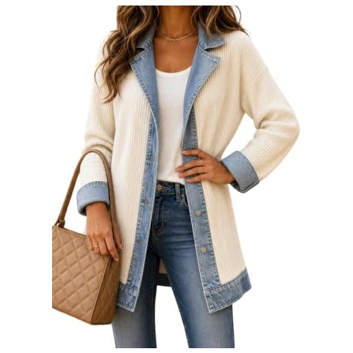 Generic cardigan donna denim patchwork giacca lunga jeans chic giubbotto | mezza stagione con bottoni e collo a revers cappotto leggero autunno inverno stile vintage casual moda comodo