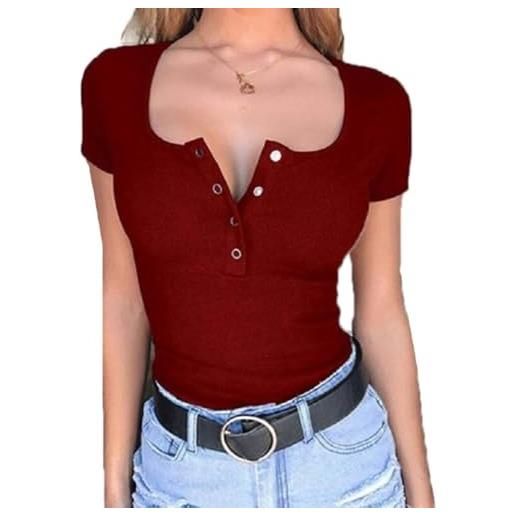 YongXinMY maglietta da donna basic, scollo a v, con bottoni, slim a maniche corte, scollata