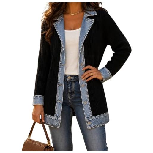 Generic cardigan donna denim patchwork giacca lunga jeans chic giubbotto | mezza stagione con bottoni e collo a revers cappotto leggero autunno inverno stile vintage casual moda comodo