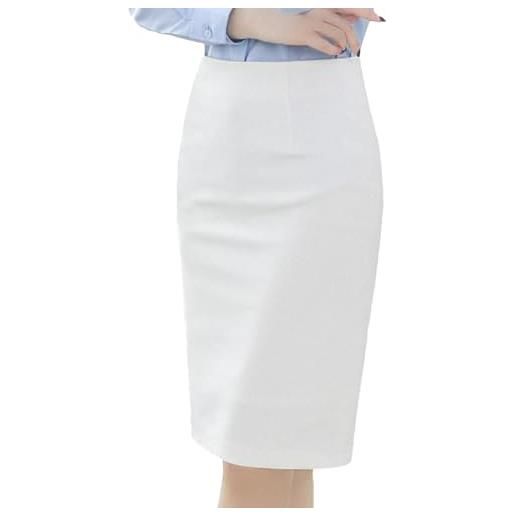SOMTHRON donna tinta unita lunghezza al ginocchio professionale matita ufficio gonna vita alta aderente cotone lino midi abito da lavoro, bianco, m