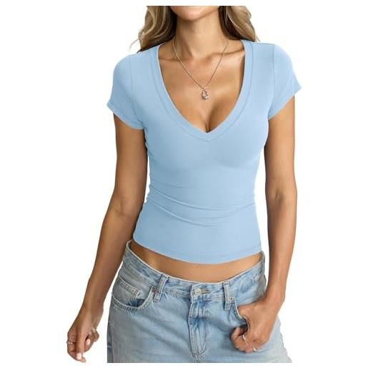 Tomwell maglietta da donna con profondo scollo a v, maniche corte, sexy, slim fit, basic, per uscire