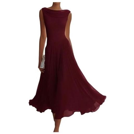 QAZWZG abito midi in chiffon con scollo drappeggiato abito longuette in chiffon con collo drappeggiato, abiti da cerimonia nuziale senza maniche ad anello, abito maxi elegante e fluido