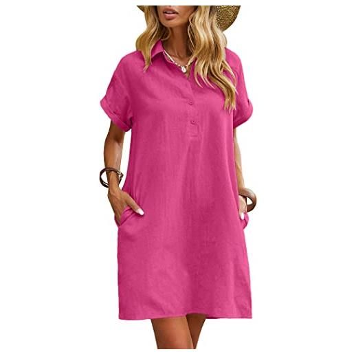 Zeagoo abito estivo da donna al 100% in cotone e lino, casual, lunghezza fino al ginocchio, a maniche corte, con tasche, da spiaggia