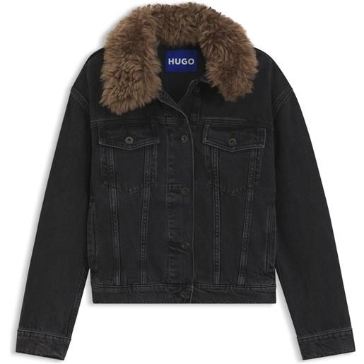 HUGO giubbotto trucker in denim con colletto in shearling rimovibile, nero