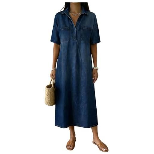 Suncadmious abito estivo da donna in denim con bottoni effetto used;Abito midi in denim plissettato a manica corta con collo polo, vestibilità ampia e casual