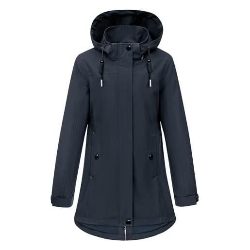 CMTOP giacca donna softshell impermeabile antivento, giacca mezza stagione lungo con tasche, primavera autunno outdoor parka cappotto, giacche giubbotto con cappuccio removibile