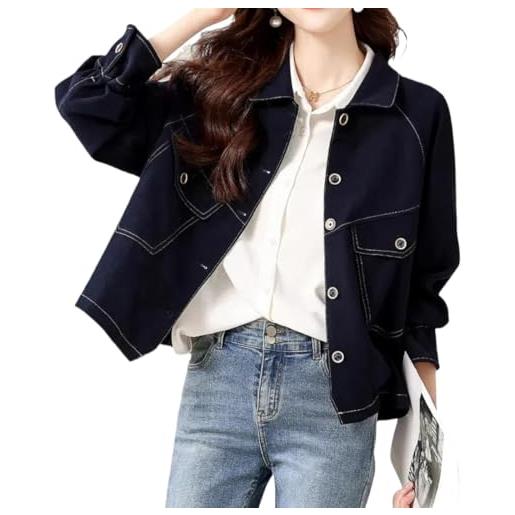 Suncadmious giacca corta in denim con bottoni e colletto retrò alla moda primavera/autunno da donna con tasche giacca da lavoro da ufficio adatta per ambienti d'ufficio