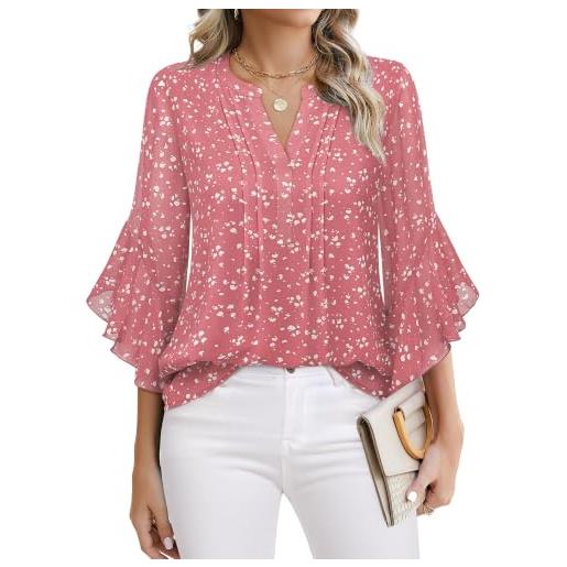 Vafoly camicetta in chiffon da donna, elegante, maniche a 3/4, scollo a v, per lavoro, casual