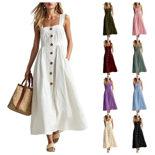 HAOLEI vestito donna estivo abiti lunghi estivi donna vestito in lino di cotone scollo girocollo senza maniche abito bohémien pulsanti vestitini leggera traspirante per mare spiaggia vacanza