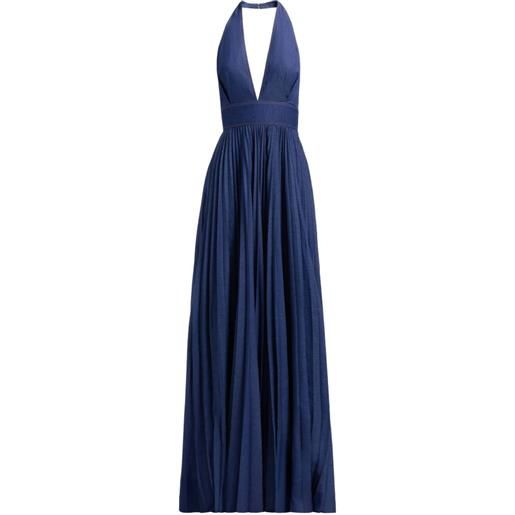 Elie Saab abito lungo denim plissettato con scollo all'americana - blu