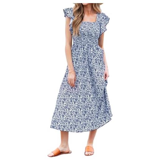 CUPSHE abito estivo da donna con scollo quadrato a righe e punto smock, con maniche ad aletta, maxi abito formale