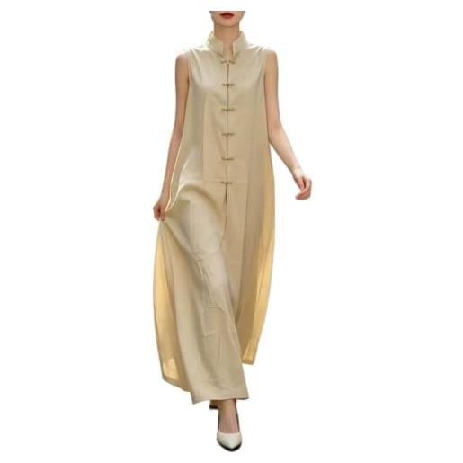 YANGESHOP vestito maxi lino qipao cinese donna senza maniche bottoni annodati | colletto alla coreana, bottoni a forma di rana, spacco frontale, abito lungo e ampio, elegante abito casual orientale