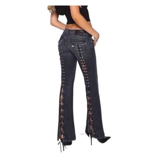 KIRYU jeans svasati da donna con lacci e spacco laterale, jeans elasticizzati a vita media, pantaloni bootcut con occhielli e dettagli in pizzo incrociato streetwea