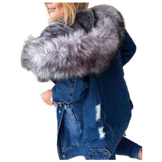Juankrynord giacca in denim calda da donna a maniche lunghe con bottoni per feste all'aperto stile retrò con collo in pelliccia foderata in pile spessa e calda