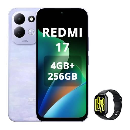 Xiaomi redmi 17, smartphone 4g, 4 + 256 gb, processore helio g91-ultra, display da 6,9, 120 hz, batteria da 7500 m. Ah, doppia fotocamera posteriore da 50 mp, viola loto, smartwatch incluso
