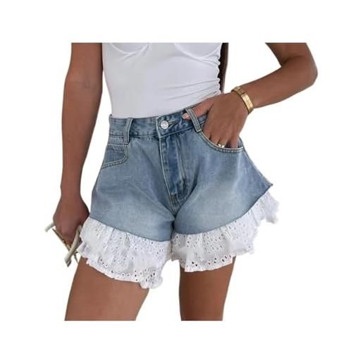 XIEHYA pantaloncini di jeans donna eleganti pantaloncini estivi in ​​denim tinta unita con giunture in pizzo da donna, pantaloni casual cowboy tasche e bottoni, larghi corti