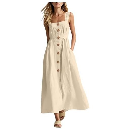 HAOLEI vestito donna estivo abiti lunghi estivi donna vestito in lino di cotone scollo girocollo senza maniche abito bohémien pulsanti vestitini leggera traspirante per mare spiaggia vacanza