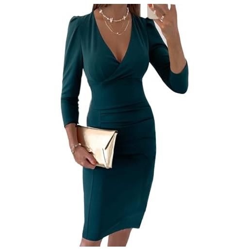 KBRPEY abito donna manica lunghe sexy scollato scollo a v abiti midi vestito donna da pendolare vestito da cocktail moda vestiti da lavoro abito elegante