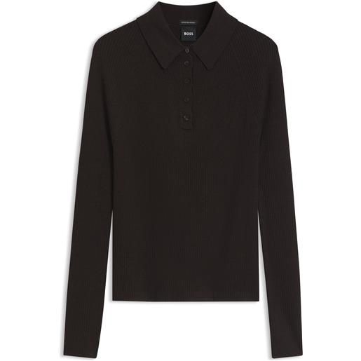 BOSS maglione aderente in pura lana vergine con colletto polo, marrone scuro
