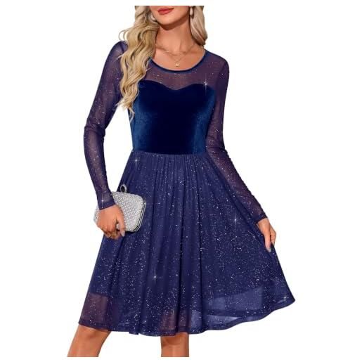 Heekpek abito elegante donna paillettes cocktail velluto | midi abiti da sera maniche lunghe, vestito velluto e rete trapezio, vestiti per feste cerimonia prom invernale autunnale
