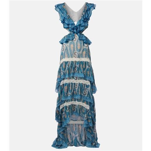 Etro abito lungo in seta con volant e pizzo paisley