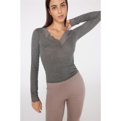 Tezenis maglia maniche lunghe scollo v pizzo/lana merino donna grigio