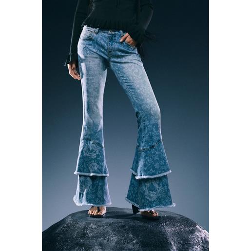 Desigual, pantaloni jeans flare stampati, cotone, blu, 36