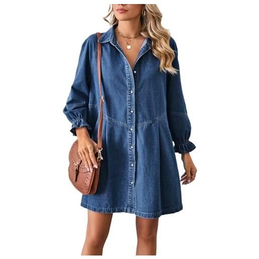 Vanchenl abito casual da donna in denim con bottoni e risvolto sciolto lanterna manica lunga midi jean dress