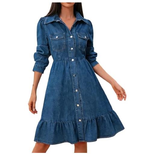 Generisch elegante abito da donna estivo, tessuto in jeans con colletto a maniche lunghe, taglio casual, dettagli di cucitura, adatto per l'uso quotidiano, abito estivo da donna, comodo per il tempo libero, in