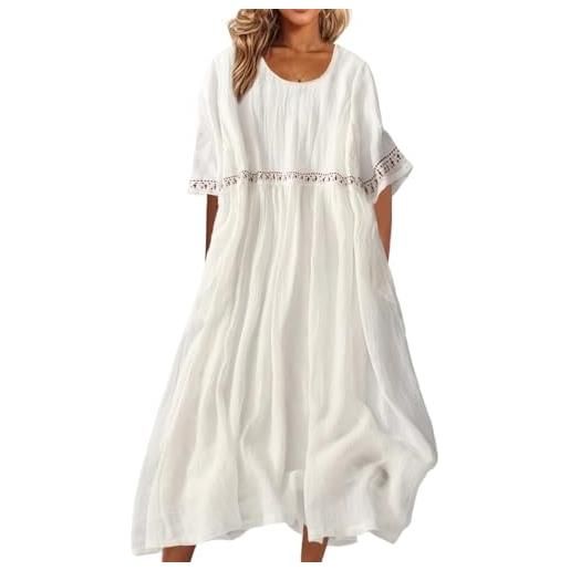 Generale vestito midi bianco di lino per donna, vestito cotone lino fluido estivo, ricami a fiori, stile bohémien, per vacanze