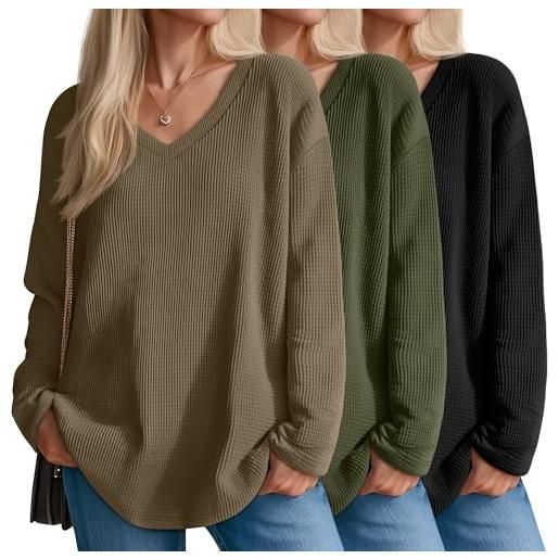 Suilung 3 pezzi maglie oversize donna in tessuto waffle, top scollo a v manica lunga, felpa casual autunno donna