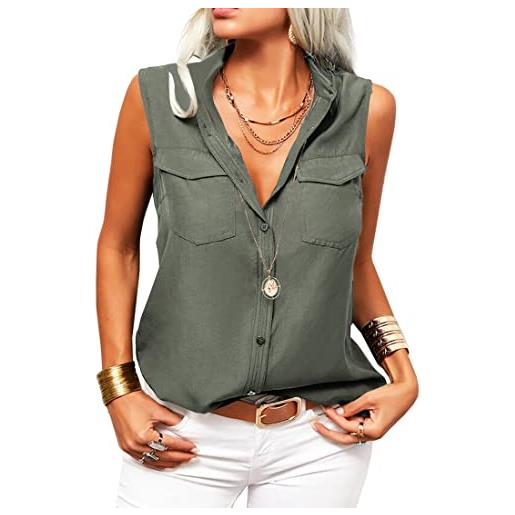 GeGekoko camicia da donna con scollo a v, casual, elegante, senza maniche, con bottoni, basic