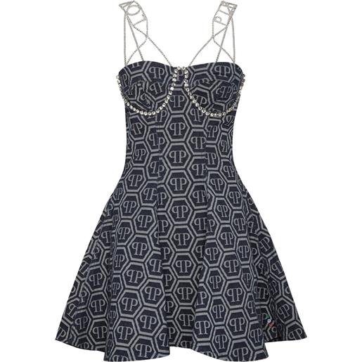 Philipp Plein abito corto denim con monogramma jacquard - blu