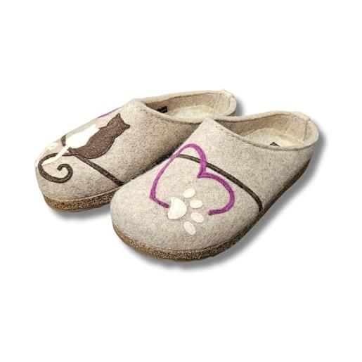 HAFLINGER grizzly micini pantofole clog in lana cotta con gatti e cuori plantare anatomico in sughero antiscivolo