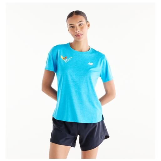 New Balance donna valencia marathon athletics t-shirt in blu, maglia di poliestere, taglia l