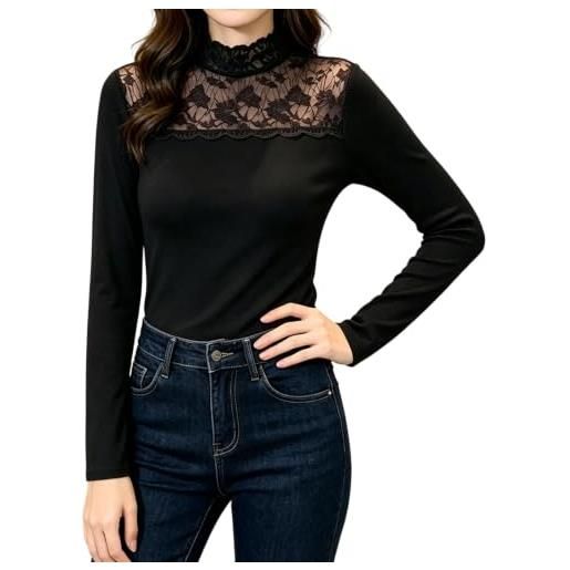 Generic canottiera da donna in cotone con pizzo a collo alto, a maniche lunghe | elegante maglia a maniche lunghe, tinta unita, a collo alto, slim fit, morbida e confortevole, maglia a costine