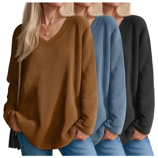 Suilung 3 pezzi maglie oversize donna in tessuto waffle, top scollo a v manica lunga, felpa casual autunno donna