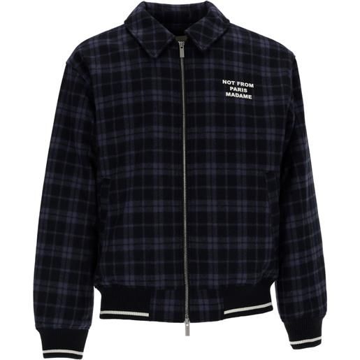 DROLE DE MONSIEUR navy check flannel jacket with slogan