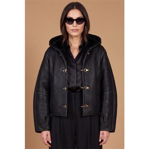 D'Arienzo bomber in montone nero con cappuccio effetto liscio D'Arienzo