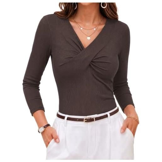 Wayleb maglia donna manica lunga scollo a v incrociata slim fit | design incrociato effetto portafoglio, pieghe centrali sul busto, punto vita definito, tessuto fine elasticizzato, slim fit