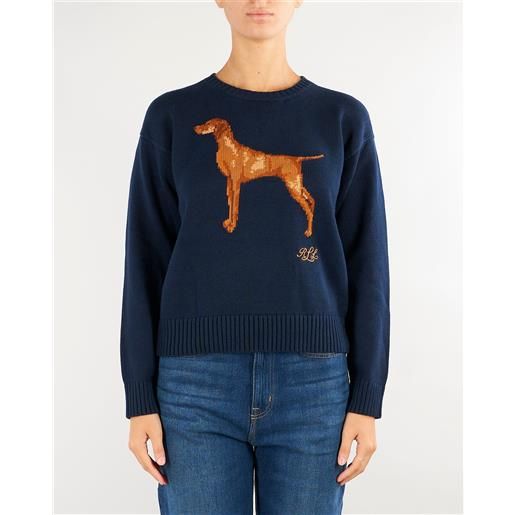 LAUREN RALPH LAUREN maglia blu in cotone con bracco a intarsi